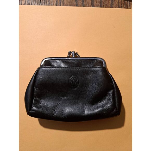 Vintage Buxton Black Leather Coin Purse Dual Kiss Lock Change Pouch - Picture 1 of 8